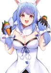  1girl :d animal_ear_fluff animal_ears bangs bare_shoulders black_gloves blue_hair blush braid breasts carrot carrot_hair_ornament commentary_request eyebrows_visible_through_hair food food_themed_hair_ornament gloves hair_ornament hands_up highres holding holding_hair hololive kyuu_(chiu850513) long_hair looking_at_viewer medium_breasts multicolored_hair open_mouth rabbit_ears rabbit_girl red_eyes scarf simple_background smile solo teeth thick_eyebrows twin_braids two-tone_hair upper_body upper_teeth usada_pekora virtual_youtuber white_background white_hair 