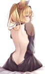  1girl animal_ears ass back backless_dress backless_outfit bare_back bed_sheet black_dress blonde_hair butt_crack closed_mouth dress erune from_behind granblue_fantasy highres keima_ron long_hair looking_at_viewer looking_back nipples ponytail see-through simple_background sitting solo violet_eyes white_background yuisis_(granblue_fantasy) 