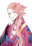  1boy bangs blue_eyes heterochromia japanese_clothes jewelry looking_at_viewer male_focus necklace pink_hair river_(41111) smile solo souza_samonji swept_bangs touken_ranbu 