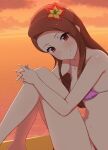  1girl beach bikini blush brown_hair clouds flower hair_flower hair_ornament highres idolmaster idolmaster_(classic) jabara_tornado long_hair looking_at_viewer minase_iori ocean outdoors pink_bikini red_eyes sitting smile solo sunset swimsuit 