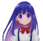  1girl absurdres bow furude_rika highres higurashi_no_naku_koro_ni hime_cut momoyama_hinase purple_hair skirt solo straight_hair suspender_skirt suspenders violet_eyes 