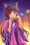  1girl absurdres animal_ear_fluff animal_ears bangs black_hair blurry blurry_background blush cat_ears closed_mouth commentary_request depth_of_field eating eyebrows_visible_through_hair flower food fringe_trim hair_flower hair_ornament hakama hands_up highres holding holding_food iroha_(iroha_matsurika) japanese_clothes kimono lamppost long_hair looking_at_viewer night original outdoors print_kimono purple_hakama purple_kimono red_flower shawl smile snowing solo taiyaki very_long_hair violet_eyes wagashi yagasuri 