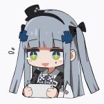  +_+ 1girl alternate_costume apron bangs black_apron black_bow blunt_bangs blush bow bowtie cellphone checkered checkered_neckwear commentary_request cross_hair_ornament dress facial_hair facial_tattoo girls_frontline green_eyes hair_bow hair_ornament hk416_(girls_frontline) holding holding_phone open_mouth phone sidelocks silver_hair simple_background smartphone smile tattoo teardrop teardrop_tattoo white_background yuki_hotaru 