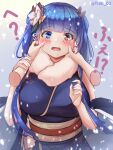  1girl azur_lane bangs blue_eyes blue_hair blue_kimono blush breasts cheek_pinching commentary_request embarrassed eyebrows_visible_through_hair flower fur-trimmed_kimono fur_trim hair_flower hair_ornament heterochromia highres horns ibuki_(azur_lane) ibuki_(winter_sylph&#039;s_reverie)_(azur_lane) japanese_clothes kimono large_breasts long_hair obijime oserotto pinching red_eyes snow snowing solo_focus standing twitter_username 