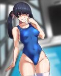  1girl alternate_hairstyle ass_visible_through_thighs black_hair blue_eyes blue_swimsuit blurry breasts commentary_request competition_swimsuit cowboy_shot danchino depth_of_field grin hair_ornament hairclip highres long_hair looking_at_viewer nijisanji one-piece_swimsuit rei_no_pool shaded_face small_breasts smile solo standing swimsuit thigh-highs thigh_gap tsukino_mito twintails virtual_youtuber white_legwear 