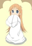  1girl blonde_hair blue_eyes covering_mouth full_body labcoat long_hair looking_at_viewer nichijou professor_shinonome shisui_(shisui0178) sleeves_past_fingers sleeves_past_wrists solo standing 