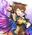  1girl armpits aura bare_shoulders bow brown_eyes brown_hair butterfly_wings delthea_(fire_emblem) fang fire_emblem fire_emblem_echoes:_shadows_of_valentia fire_emblem_heroes flower hair_bow hand_on_hip kakiko210 long_hair magic one_eye_closed outstretched_arm ponytail rose solo thorns upper_body wings 