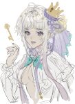  1girl breasts bright_pupils crown gradient_hair grey_hair hair_ribbon hand_up highres key looking_at_viewer medium_breasts multicolored_hair original parted_lips purple_ribbon ribbon sankomichi short_hair short_hair_with_long_locks sidelocks simple_background sketch smile solo upper_body violet_eyes white_background white_pupils 