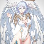  1girl angel angel_wings armor ass_visible_through_thighs blue_eyes blue_hair boots breasts center_opening covered_navel cropped feathered_wings gem hair_between_eyes halo head_wings highleg highleg_leotard highres hip_focus holding holding_staff hong_soon-jae large_breasts leotard long_sleeves looking_at_viewer multiple_wings original photoshop_(medium) short_hair shoulder_armor simple_background solo staff thigh-highs white_legwear white_leotard white_theme white_wings wings 