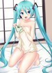  1girl :d bangs barefoot bed_sheet blue_eyes blue_hair bow bow_panties breasts collarbone eyebrows_visible_through_hair green_bow hair_between_eyes hair_ornament hatsune_miku headphones highres holding holding_clothes holding_panties holding_underwear indoors kneeling long_hair looking_at_viewer naked_towel nendoroya open_mouth panties shiny shiny_hair small_breasts smile solo striped striped_panties towel twintails underwear very_long_hair vocaloid white_towel 