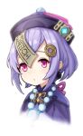  1girl bangs bead_necklace beads bow capelet chinese_commentary coin commentary_request cropped_shoulders earrings expressionless genshin_impact hair_ornament hat jewelry jiangshi koebushi_(mat) long_sleeves necklace ofuda purple_bow purple_hair purple_headwear qing_guanmao qiqi short_hair sidelocks simple_background solo violet_eyes white_background 