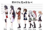  6+girls ahoge anchor_symbol arm_warmers asagumo_(kantai_collection) bike_shorts black_dress black_hair black_serafuku black_shorts blue_eyes braid breasts brown_eyes brown_sailor_collar brown_serafuku brown_shirt brown_shorts closed_eyes commentary_request comparison crossed_arms detached_sleeves double_bun dress fingerless_gloves full_body fusou_(kantai_collection) gloves green_hairband grey_skirt hair_flaps hair_ornament hair_over_shoulder hairband hand_in_pocket hands_on_hips height_chart height_difference highres kantai_collection large_breasts light_brown_hair long_hair looking_at_viewer michishio_(kantai_collection) mogami_(kantai_collection) multiple_girls one_eye_closed pinafore_dress pleated_skirt profile red_eyes red_skirt redhead remodel_(kantai_collection) sailor_collar school_uniform serafuku shigure_(kantai_collection) shirt short_hair shorts shorts_under_skirt silver_hair single_braid skirt standing suspender_skirt suspenders tall tall_female tenshin_amaguri_(inobeeto) translated twintails v waving white_sailor_collar wide_sleeves yamagumo_(kantai_collection) yamashiro_(kantai_collection) 
