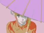  1girl blonde_hair blue_eyes chinese_clothes closed_mouth copyright_request grey_background holding holding_umbrella jacket looking_at_viewer oil-paper_umbrella orange_jacket sankomichi short_hair simple_background solo tangzhuang umbrella upper_body 