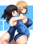  2girls ass bangs blonde_hair blue_jacket blush breast_press breasts breath brown_hair commentary_request eyebrows_visible_through_hair from_side hair_tie highres hug jacket jacket_over_swimsuit large_breasts medium_hair mole mole_on_breast multiple_girls one-piece_swimsuit open_mouth original school_swimsuit short_hair side_ponytail sideboob swimsuit thighs untue violet_eyes yellow_eyes 