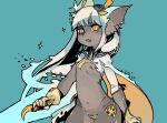  1girl animal_ears bikini blue_background bright_pupils cape copyright_request fang furry gloves grey_fur holding holding_knife knife kuroi_moyamoya long_hair looking_at_viewer orange_eyes parted_lips simple_background solo standing swimsuit white_cape white_hair white_pupils yellow_gloves 