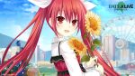  1girl 2019 :d bangs bow copyright_name date_a_live dress eyebrows_visible_through_hair ferris_wheel floating_hair flower from_side hair_between_eyes hair_bow highres holding holding_flower itsuka_kotori long_hair long_sleeves looking_at_viewer official_art open_mouth pinafore_dress red_dress red_eyes redhead shiny shiny_hair shirt smile solo sunflower twintails upper_body very_long_hair white_bow white_shirt 