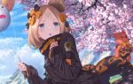  1girl abigail_williams_(fate/grand_order) aora balloon bandaid bandaid_on_forehead bangs black_bow black_jacket blonde_hair blue_eyes blue_sky blush bow breasts cherry_blossoms crossed_bandaids fate/grand_order fate_(series) forehead hair_bow hair_bun heroic_spirit_traveling_outfit high_collar holding holding_balloon jacket long_hair long_sleeves looking_at_viewer multiple_bows open_mouth orange_belt orange_bow parted_bangs polka_dot polka_dot_bow sky sleeves_past_wrists small_breasts tentacles tree 