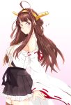  1girl absurdres ahoge arms_behind_back black_skirt brown_hair cowboy_shot detached_sleeves double_bun english_commentary hairband headgear highres japanese_clothes kantai_collection kongou_(kantai_collection) long_hair looking_at_viewer nitamago_(sakamalh) pleated_skirt ribbon-trimmed_sleeves ribbon_trim simple_background skirt smile solo white_background 