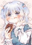  1girl alternate_costume bangs blue_eyes blue_hair blue_nails crumbs dokkun0818 doughnut eyebrows_visible_through_hair flower food gawr_gura hand_on_own_cheek hand_on_own_face holding holding_food hololive hololive_english licking_lips looking_down medium_hair multicolored_hair silver_hair solo streaked_hair tongue tongue_out two_side_up 