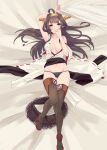  1girl ahoge alakoala black_panties boots brown_hair brown_skirt commentary_request dakimakura_(medium) detached_sleeves double_bun full_body hairband headgear highres jewelry kantai_collection kongou_(kantai_collection) long_hair looking_at_viewer lying no_bra panties pleated_skirt ribbon-trimmed_sleeves ribbon_trim ring skirt skirt_removed solo thigh-highs thigh_boots underwear wedding_band 