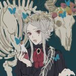  1girl animal_skull black_dress blue_background blue_butterfly bow bowtie bug butterfly dress facial_mark grey_hair hair_bun head_wreath holding insect long_sleeves looking_at_viewer original red_bow red_eyes red_neckwear sankomichi skeleton solo upper_body 