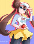  1girl artist_name black_legwear blue_eyes blush bow brown_hair closed_mouth commentary_request double_bun etsuko_pkmn glint hand_on_headwear highres holding holding_poke_ball legwear_under_shorts long_hair looking_at_viewer pantyhose pink_bow poke_ball poke_ball_(basic) pokemon pokemon_(game) pokemon_bw2 raglan_sleeves rosa_(pokemon) short_shorts shorts solo twintails visor_cap watermark yellow_shorts 