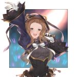  1girl belt bow breasts brown_hair florence_(granblue_fantasy) gloves glowstick granblue_fantasy green_eyes hood medium_breasts microphone music singing white_gloves wide_sleeves wuming 