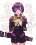  1girl ahoge armor arrow_(projectile) bernadetta_von_varley black_shirt black_shorts blue_eyes blush bow bow_(weapon) breasts closed_mouth commentary cowboy_shot drawing_bow drooling dual_persona earrings eyelashes fire_emblem fire_emblem:_three_houses garreg_mach_monastery_uniform gloves hair_bow highres jewelry kurosawa_tetsu lips looking_at_viewer multiple_views partially_colored purple_hair quiver ring shirt short_hair short_shorts shorts shoulder_armor simple_background single_glove sleeping small_breasts smile squiggle straight_hair sweatdrop tassel tassel_earrings thighs wavy_mouth weapon wedding_band white_background yellow_gloves 