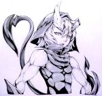  1boy abs bare_shoulders broken_horn closed_mouth covered_abs demon_boy demon_horns demon_tail greyscale hair_between_eyes hatching_(texture) highres hood hood_up horns kuma_(jk0073) male_focus merc_storia monochrome nib_pen_(medium) no_eyebrows solo tail traditional_media upper_body 