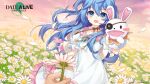  1girl 2019 :d bangs blue_eyes blue_hair blurry_foreground blush brown_ribbon collarbone copyright_name date_a_live dress eyebrows_visible_through_hair floating_hair flower hair_between_eyes highres holding holding_flower long_hair looking_at_viewer official_art open_mouth petals pov ribbon shiny shiny_hair short_sleeves smile standing very_long_hair white_dress yoshino_(date_a_live) yoshinon 