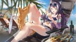  3girls animal_ear_fluff animal_ears bare_legs bare_shoulders barefoot beach beach_umbrella belt bikini bikini_top blonde_hair blush bodhi_wushushenghua bow cat_ears cat_girl cat_tail chair chinese_commentary clouds cloudy_sky commentary_request day drink drinking_straw green_eyes hair_bow hair_ornament hand_on_own_knee highres holding holding_drink karyl_(princess_connect!) kokkoro_(princess_connect!) long_hair looking_at_viewer lounge_chair lying midriff multicolored_hair multiple_girls navel nose_blush ocean on_back open_mouth orange_juice outdoors pecorine_(princess_connect!) princess_connect! purple_hair red_eyes short_hair short_shorts shorts sky solo_focus stomach strap_slip streaked_hair surfboard swimsuit tagme tail umbrella white_hair 