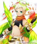  1boy aki_no_jikan black_gloves braid braided_ponytail company_name feathered_wings fire flat_chest gloves green_eyes green_hair green_wings halo male_focus maru-kichi multicolored_hair navel official_art simple_background solo standing streaked_hair two-tone_hair watermark wings 