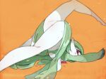  1girl flexible gardevoir gen_3_pokemon green_hair kuroi_moyamoya leg_up looking_at_viewer looking_back orange_background pokemon pokemon_(creature) red_eyes short_hair solo split stretch top-down_bottom-up 