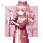  1girl bangs blonde_hair blue_eyes blush bow candle candlestand closed_mouth collared_dress commentary_request dress eyebrows_visible_through_hair hair_bow hands_up holding long_sleeves original red_bow red_dress solo striped striped_bow uni_(bom19850101) 
