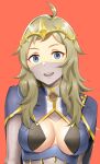 1girl absurdres ahoge alternate_costume blonde_hair blue_eyes breasts commission commissioner_upload cosplay fire_emblem fire_emblem_fates highres igni_tion long_hair looking_at_viewer medium_breasts nyx_(fire_emblem) nyx_(fire_emblem)_(cosplay) open_mouth ophelia_(fire_emblem) orange_background solo tiara upper_body veil 