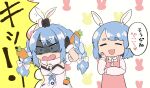  2girls animal_ears apron arm_over_head bob_cut braid bunny_background covering_ears dress ear_grab embarrassed gloom_(expression) hand_on_own_cheek hand_on_own_face highres hololive mother_and_daughter multiple_girls pekomama rabbit_ears shaded_face sleepyowl_(jobkung15) translated twin_braids usada_pekora white_background white_dress 