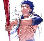  1boy abs blue_hair bodypaint bracelet closed_mouth crescent_necklace cu_chulainn_(fate)_(all) earrings expressionless fate/grand_order fate/stay_night fate_(series) floating_hair foreshortening gae_bolg hair_down holding holding_polearm holding_weapon incoming_attack jewelry lancer long_hair looking_at_viewer male_focus muscle polearm red_eyes shirtless simple_background skin_tight solo spiky_hair strap type-moon uni_(nico02) weapon white_background 