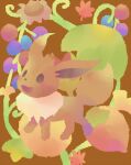 :d black_eyes brown_background commentary_request creature eevee flower full_body gen_1_pokemon no_humans open_mouth pokemon pokemon_(creature) simple_background smile solo toge_nbo walking 
