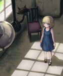  1girl blonde_hair blue_eyes chair closed_mouth cracked_wall dress highres kirudai short_hair skirt solo usotsuki window yume_nisshi 