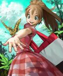  1girl aqua_sky bag brown_hair bug butterfly clouds cloudy_sky commentary_request cowboy_shot day dress green_eyes insect leaf open_mouth original outdoors plaid plaid_dress plant ponytail red_dress short_sleeves shoulder_bag sky smile solo tayama_midori yellow_butterfly 