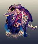  bad_link belt black_hole cloak colored_skin eldritch_abomination extra_arms gold highres hood hoodie jhin league_of_legends looking_at_viewer mask non_receptio pink_eyes purple_skin simple_background single_eye star_(sky) 