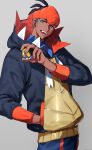  1boy black_hair black_hoodie collared_shirt commentary dark_skin dark_skinned_male earrings gym_leader hand_in_pocket hand_up head_tilt highres holding holding_poke_ball hood hoodie jewelry looking_at_viewer male_focus open_mouth orange_headwear poke_ball pokemon pokemon_(game) pokemon_swsh raihan_(pokemon) shiny shirt smile solo suusuke teeth ultra_ball 