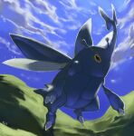  black_eyes blue_sky bug claws clouds cloudy_sky commentary creature day english_commentary flying full_body gen_2_pokemon heracross no_humans outdoors pinkgermy pokemon pokemon_(creature) signature sky solo 
