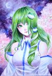  artist_name bare_shoulders breasts cherry_blossoms clouds commentary_request crescent_moon detached_sleeves expressionless frog_hair_ornament green_eyes green_hair hair_ornament hair_over_one_eye hair_tubes head_tilt highres johnalay kochiya_sanae large_breasts lips long_hair looking_at_viewer moon night outdoors partial_commentary sky snake_hair_ornament standing star_(sky) starry_sky touhou traditional_media tree_branch upper_body very_long_hair watercolor_(medium) 