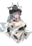 1girl animal_print blue_hair breasts cow_hat cow_print cropped_legs earrings granblue_fantasy horns jewelry kkj25 large_breasts long_hair pointy_ears red_eyes see-through shatola_(granblue_fantasy) smile 