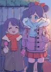  2girls ^_^ absurdres aqua_eyes blush bow closed_eyes coat dorontabi double_bun hair_bow height_difference highres holding_hands manaka_lala manaka_non miniskirt mittens multiple_girls outdoors pretty_(series) pripara purple_hair scarf side_ponytail skirt thigh-highs winter_clothes 