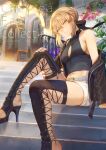  1girl alternate_costume artoria_pendragon_(all) bangs bare_shoulders belt belt_buckle black_bow black_footwear black_jacket black_shirt blonde_hair boots bow breasts buckle building casual cleavage_cutout closed_mouth clothing_cutout commentary_request day english_text eyebrows_visible_through_hair fate/grand_order fate_(series) flower hair_bow hair_bun hair_ribbon hand_on_own_knee high_heel_boots high_heels highres jacket knee_up long_sleeves looking_at_viewer mashuu_(neko_no_oyashiro) off_shoulder outdoors pink_flower pink_rose railing ribbon rose saber_alter shirt short_hair short_shorts shorts sideboob sidelocks sitting small_breasts solo stairs thigh-highs thigh_boots unzipped v-shaped_eyebrows white_flower white_rose white_shorts yellow_eyes zipper_pull_tab 