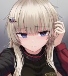  1girl ak-74m_(girls_frontline)_(rabochicken) black_jacket blonde_hair closed_mouth empty_eyes eyebrows_visible_through_hair girls_frontline hair_ornament hair_tucking highres jacket light_blush long_hair looking_at_viewer original portrait russian_text snowflake_hair_ornament solo yakob_labo 
