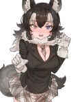  1girl animal_ears black_hair black_jacket blue_eyes blush claw_pose commentary_request cowboy_shot fangs fur_collar gloves grey_hair grey_skirt grey_wolf_(kemono_friends) heterochromia jacket kemono_friends long_hair long_sleeves multicolored_hair necktie nose_blush open_mouth plaid plaid_neckwear plaid_skirt pleated_skirt skirt solo tail tsukeo white_gloves white_hair wolf_ears wolf_girl wolf_tail yellow_eyes 