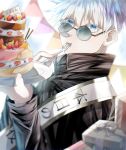  1boy bangs birthday birthday_cake black_jacket blue_eyes box cake closed_mouth eating food gift gift_box gojou_satoru hair_between_eyes hands_up high_collar highres holding holding_plate jacket jujutsu_kaisen ko_wa_amerika long_sleeves looking_at_viewer male_focus plate round_eyewear sash short_hair solo sunglasses upper_body utensil_in_mouth white_hair 